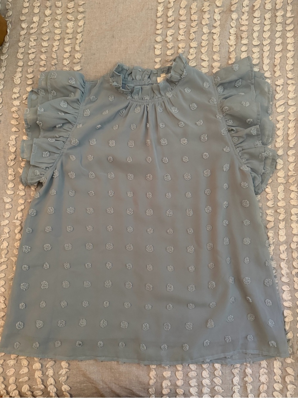 entro Light Blue Ruffle Sleeve Swiss Dot Blouse